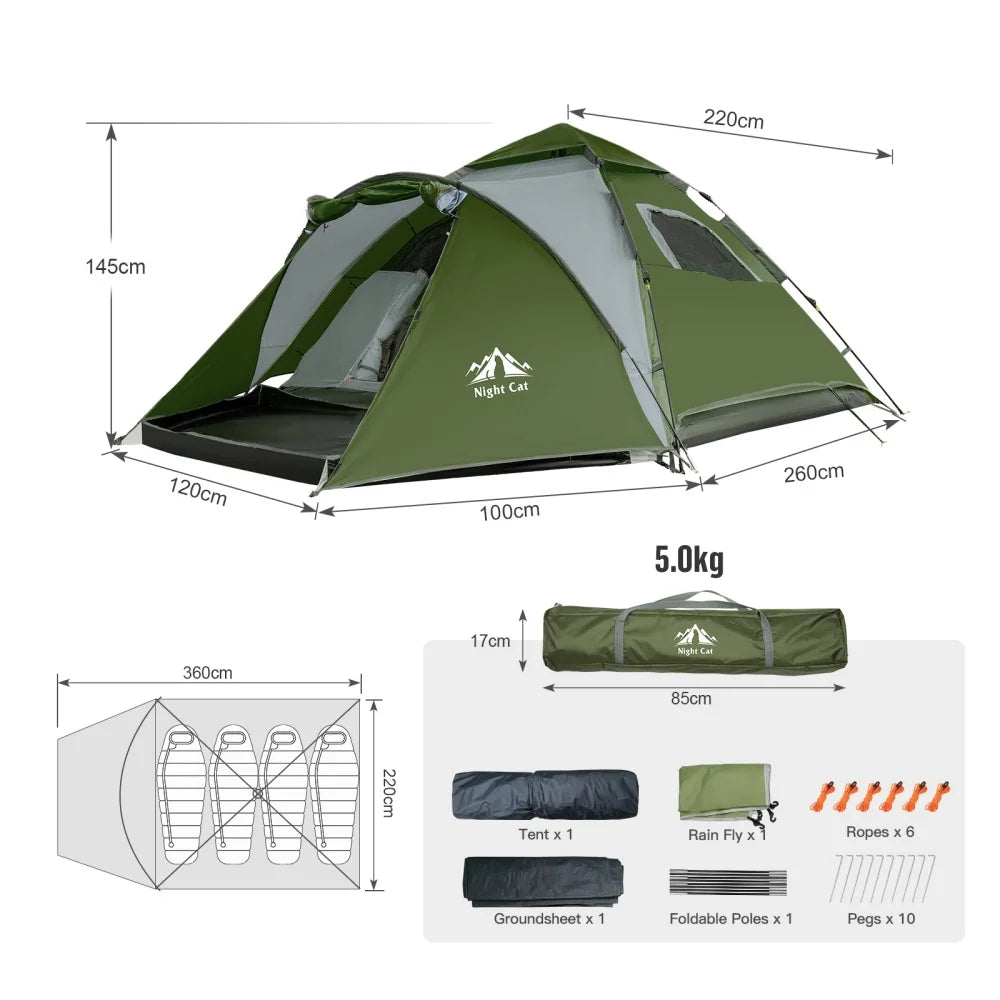 Night Cat 2–3 Person Instant Pop-Up Tent with Porch, Rainfly & Footprint