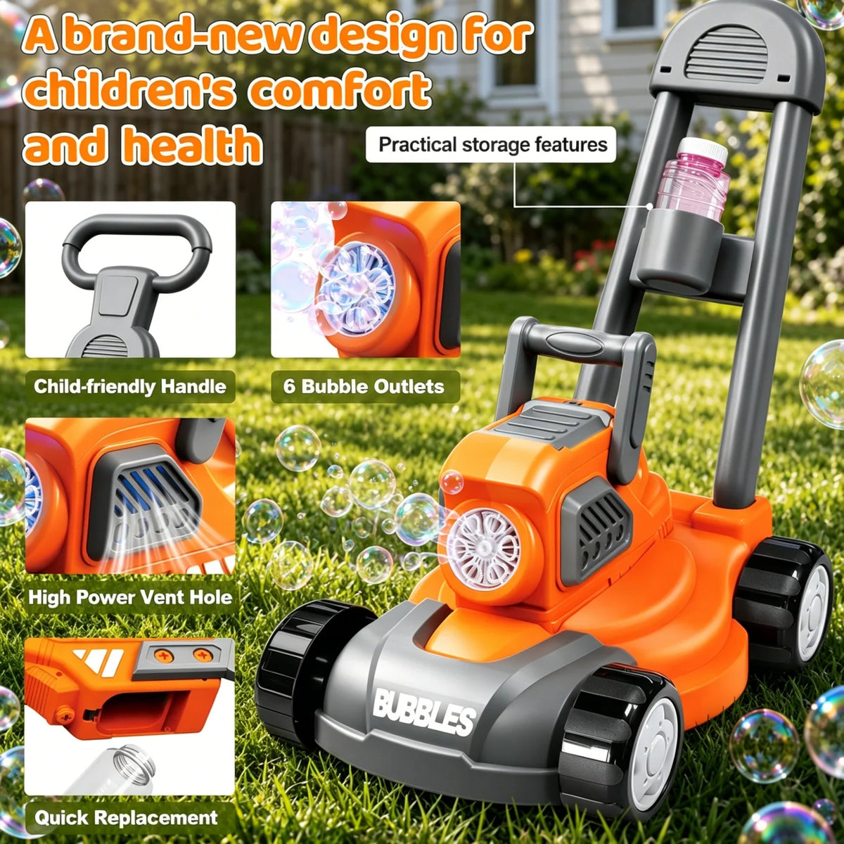 Hotfree 3-in-1 Bubble Lawn Mower for Kids with 10 Bubble Solutions