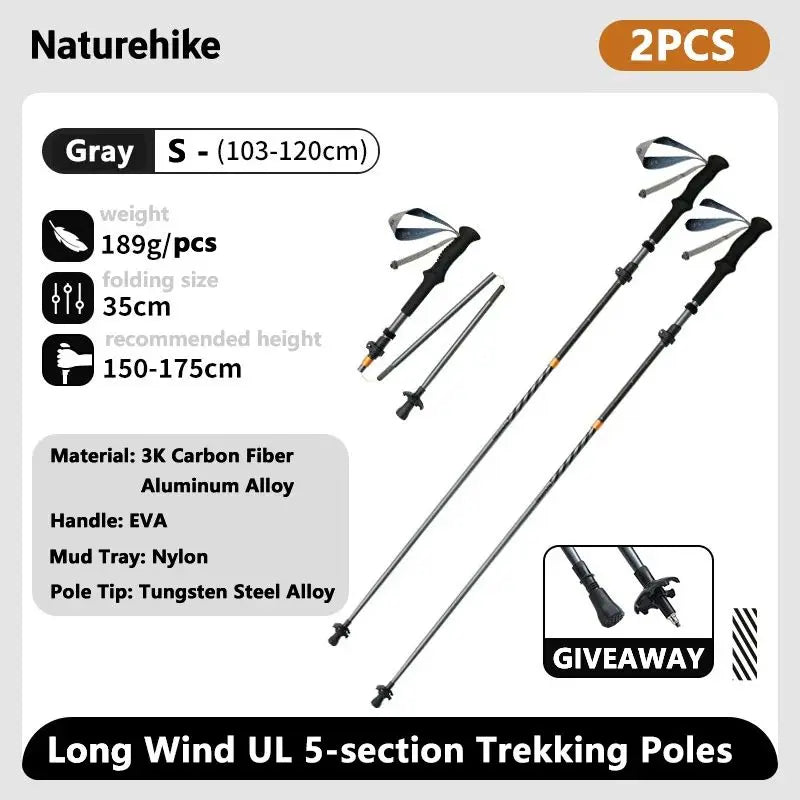 Naturehike Carbon Fiber Trekking Poles 5 Sections Portable Folding Climbing Sticks Outdoor Hiking Collapsible Walking Sticks