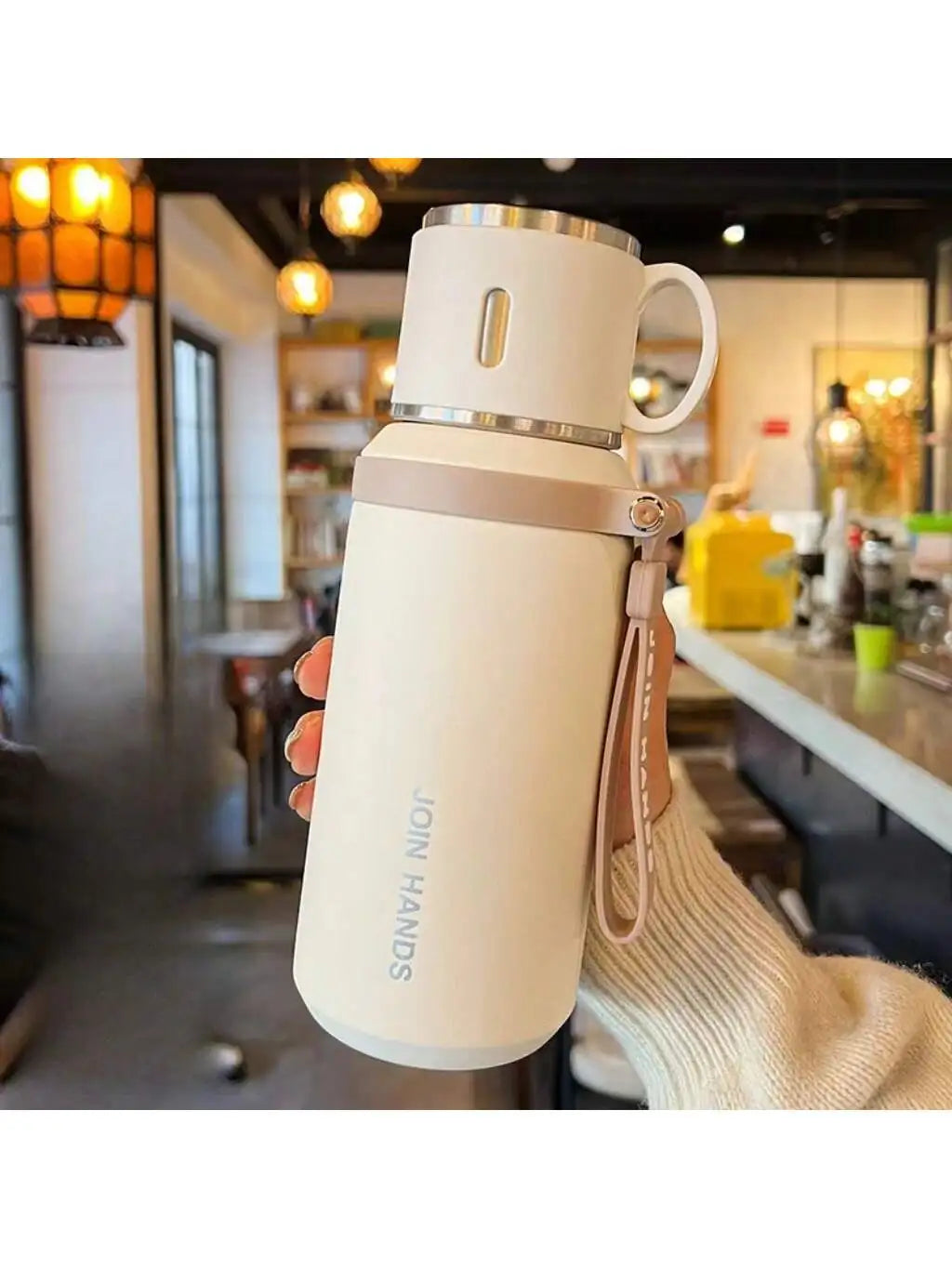 Stainless Steel Vacuum Insulated, Portable Thermal Water Bottle With Cup Lid & Carry Strap