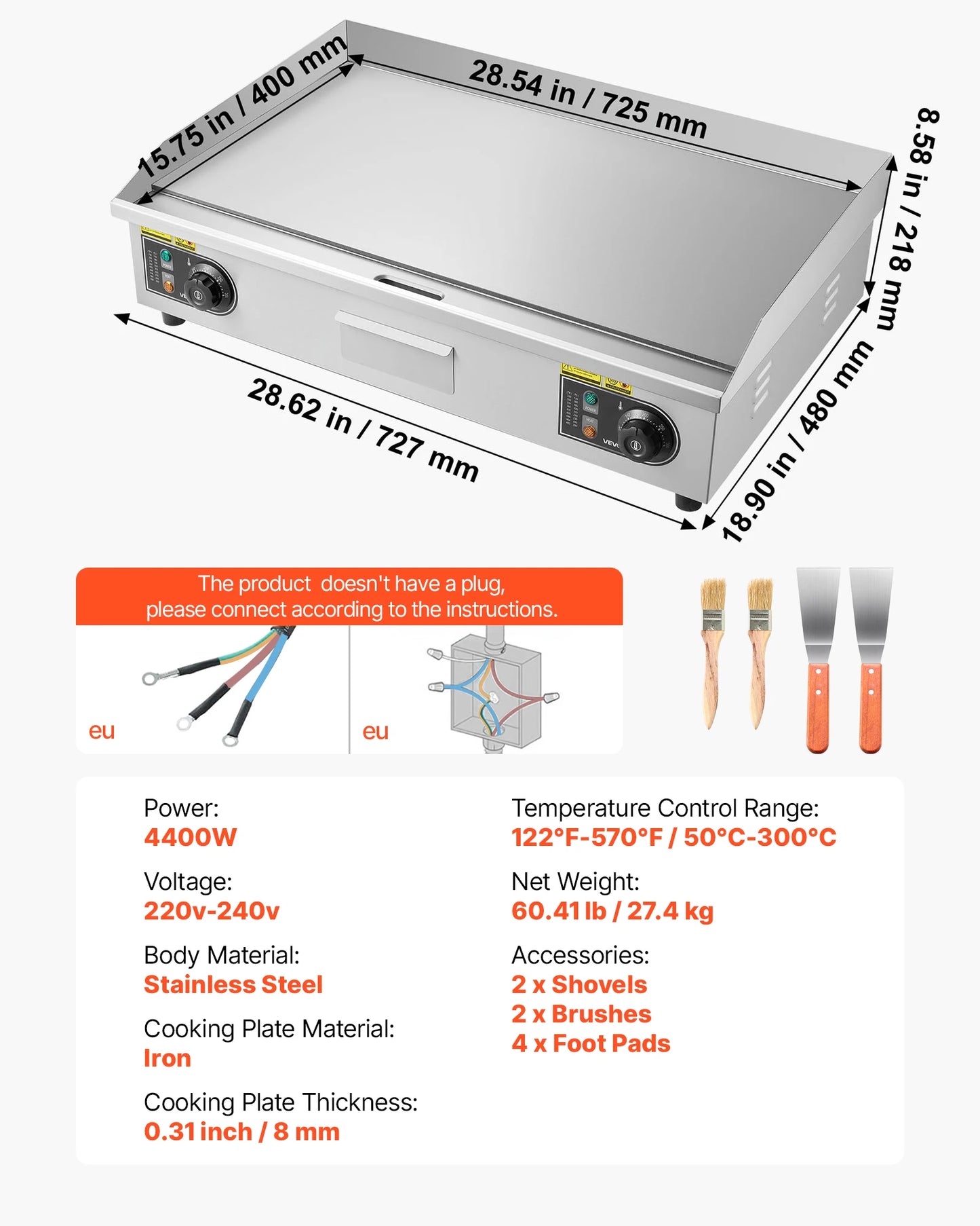 Stainless Steel Electric Griddle 50-300°C  Countertop Flat Top Grill
