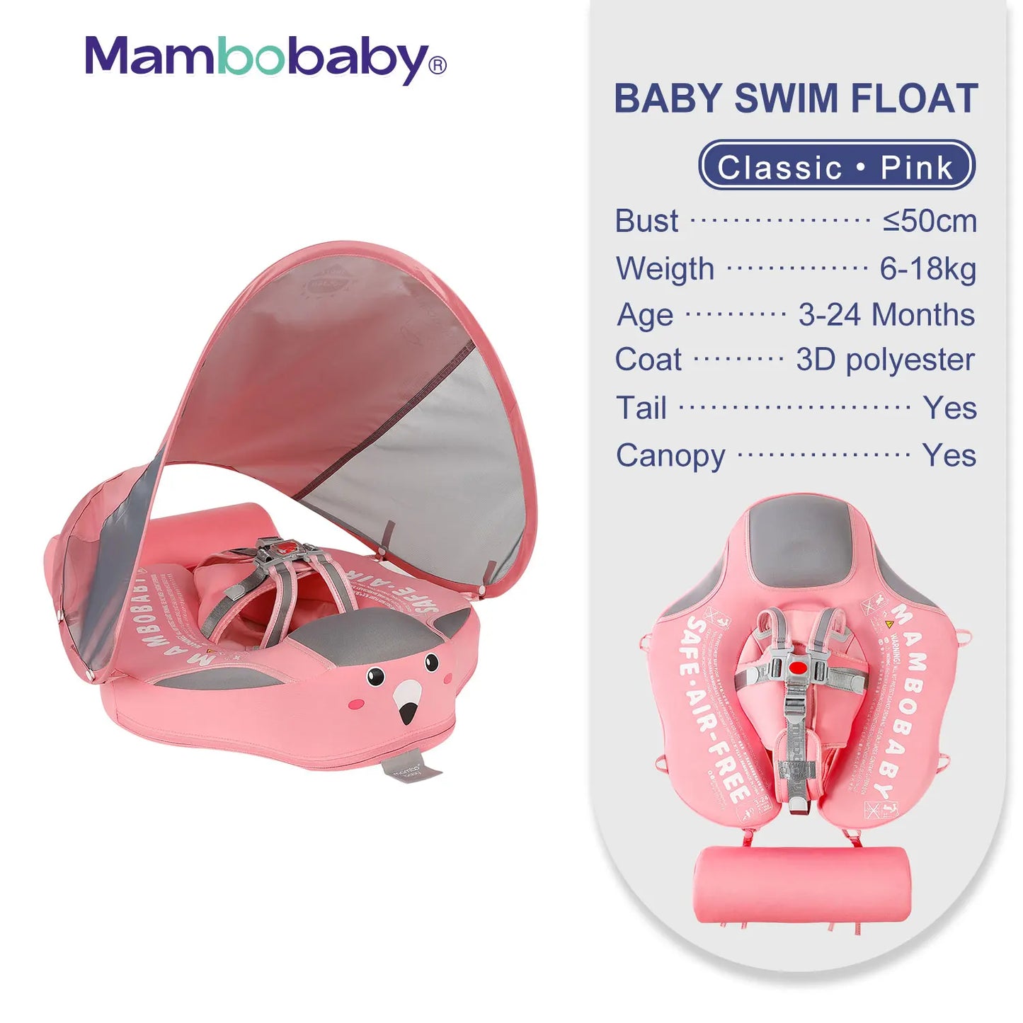 Baby Float with Sunshade Canopy and Crotch Strap Inflatable-free Safe Core Swimming Pool Accessory Bathroom Water Toy