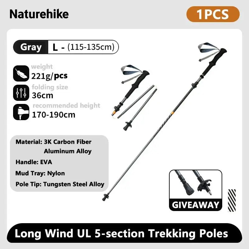 Naturehike Carbon Fiber Trekking Poles 5 Sections Portable Folding Climbing Sticks Outdoor Hiking Collapsible Walking Sticks