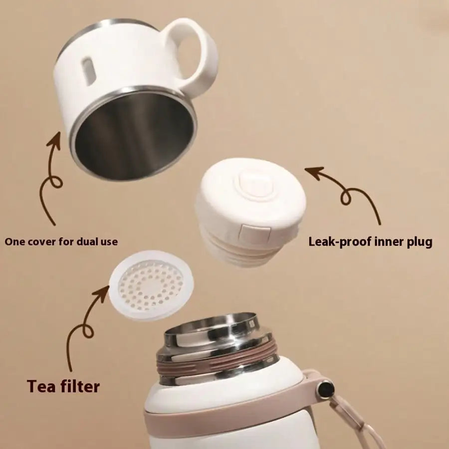 Stainless Steel Vacuum Insulated, Portable Thermal Water Bottle With Cup Lid & Carry Strap