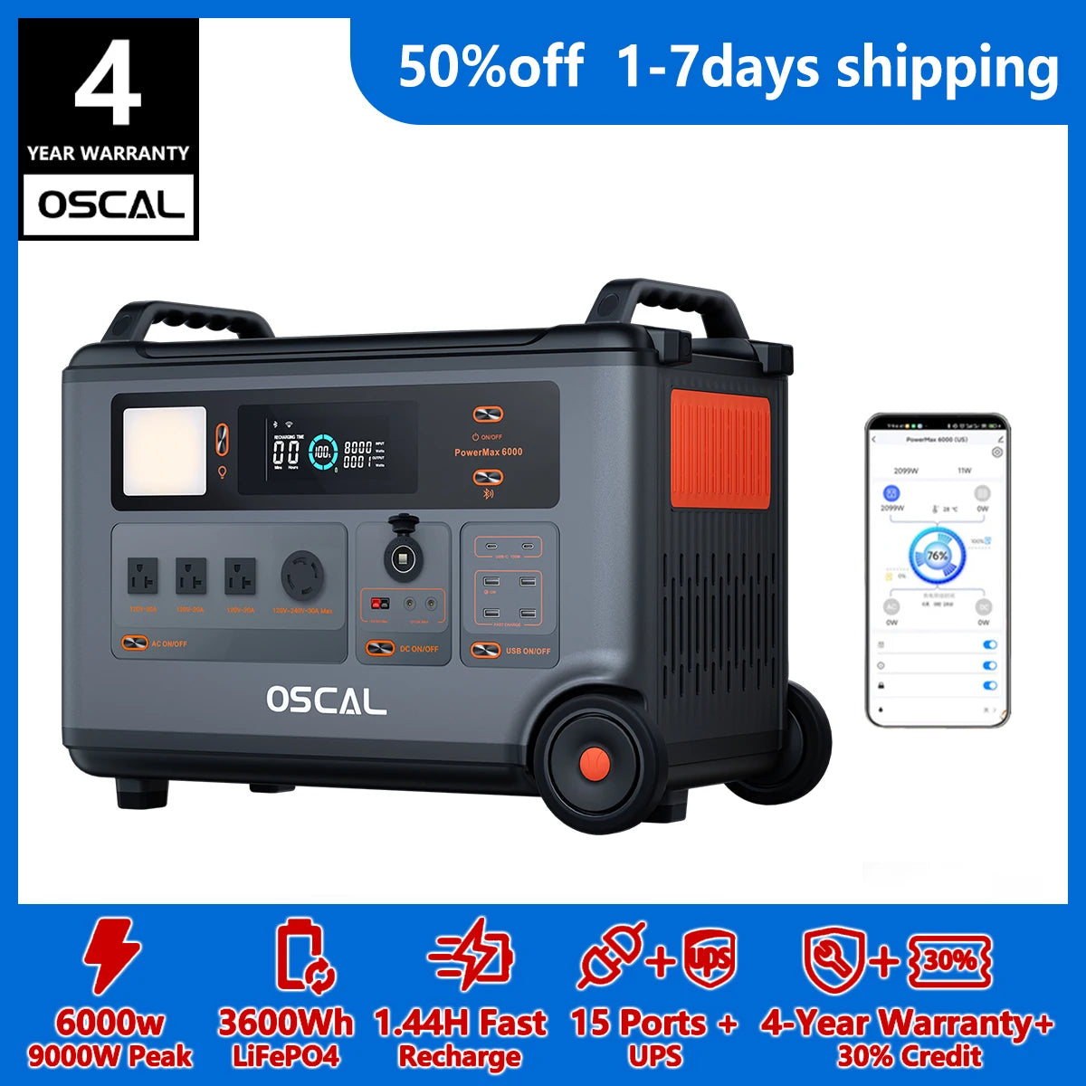 OSCAL PowerMax 6000 Portable Power Station – 3600Wh LiFePO4, 6000W