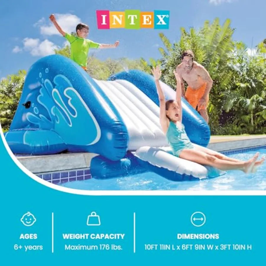 Inflatable water slide pool play center for outdoor use, PVC material, blue color, built-in sprayers for kids and adults aged 6