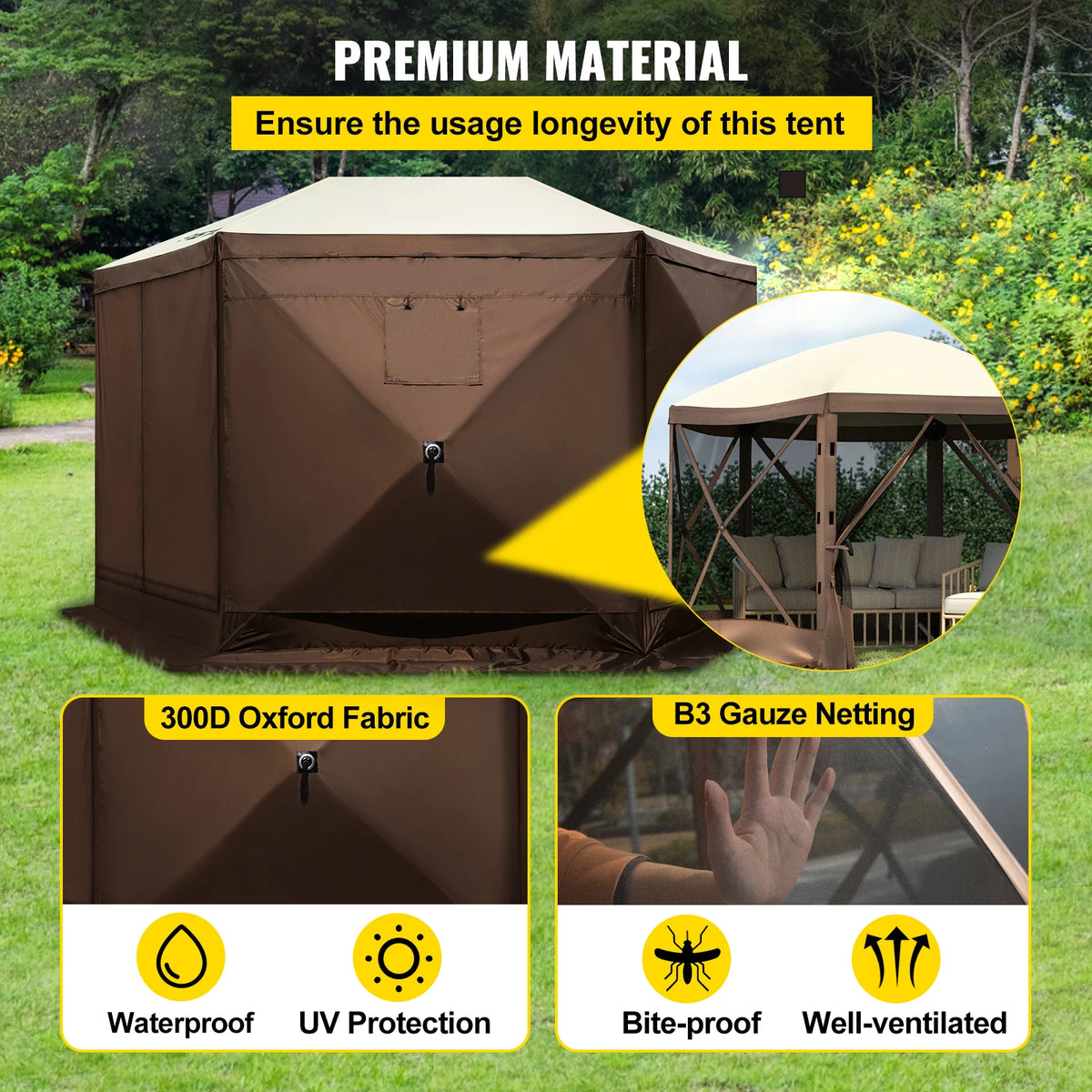 SucceBuy 6-Sided Pop-Up Camping Gazebo – 10' x 10' / 12' x 12'