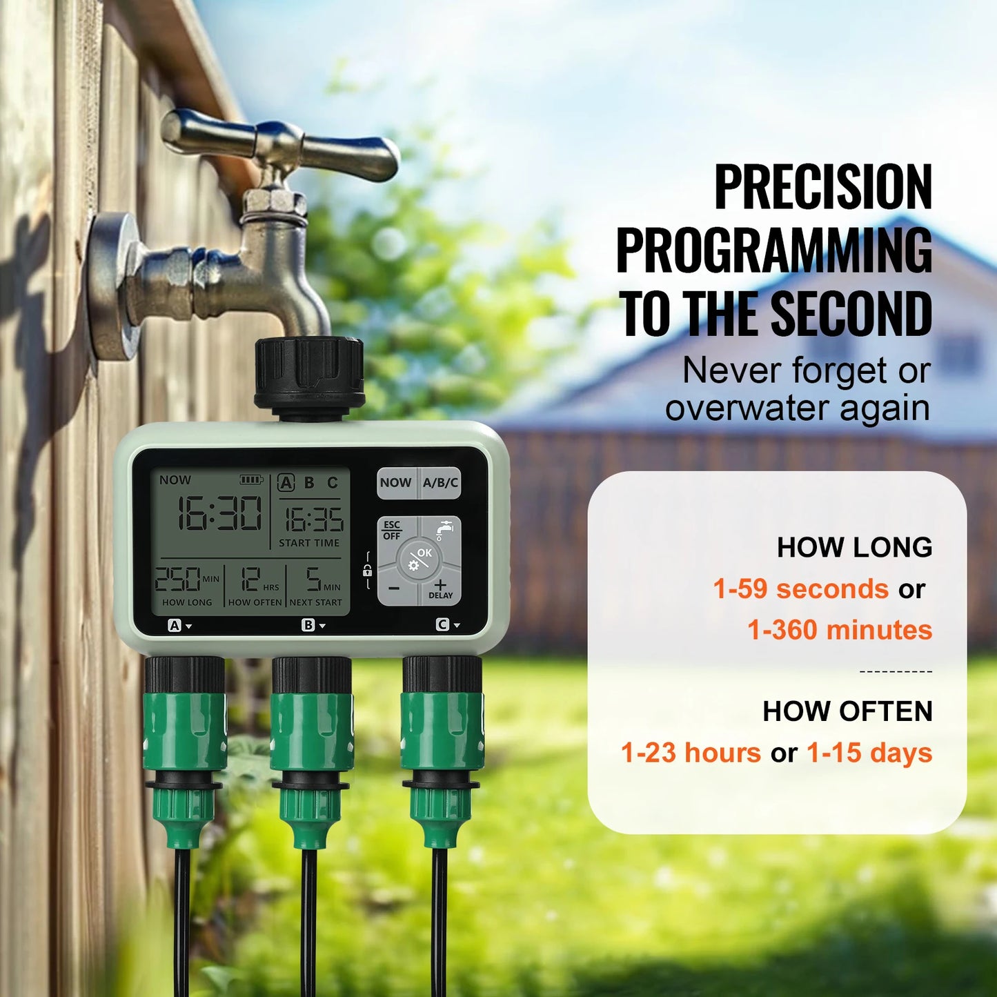 Water Timer 3 Outlets Hose 3 Independent Watering Zone LCD Display Rain Delay Mode Manual Mode