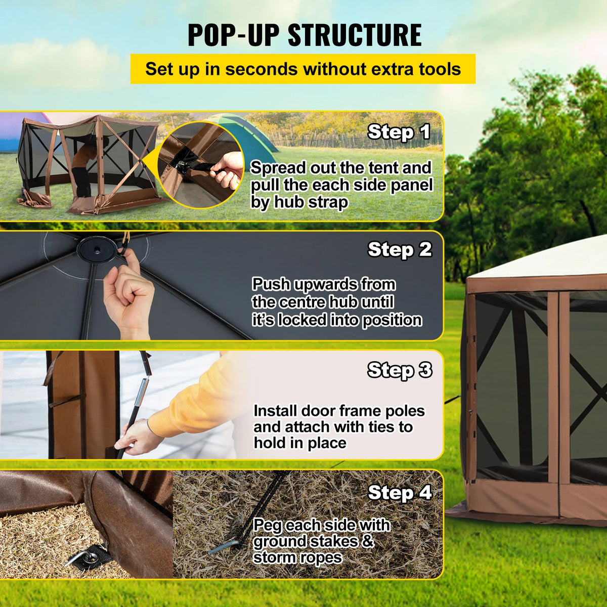 SucceBuy 6-Sided Pop-Up Camping Gazebo – 10' x 10' / 12' x 12'