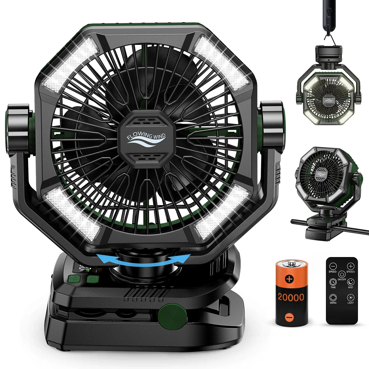 Camping Fan with Dual Motor 20000mAh Rechargeable Clip Fan with Digital Display with LED Lantern for Camping Outdoor Fan