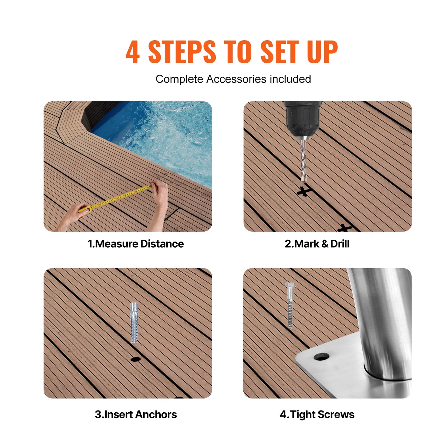 Pool Handrail Stainless Steel with Base Plate for Indoor/Outdoor w/ Grip Cover for Decks