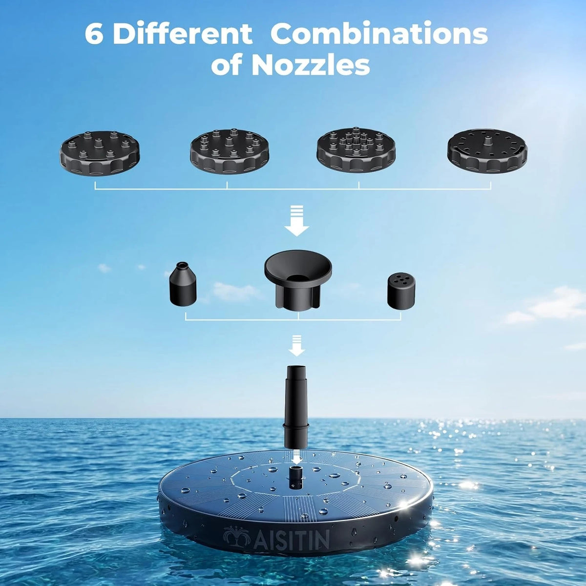  Floating Solar Fountain with 6 Nozzles & Stabilizers