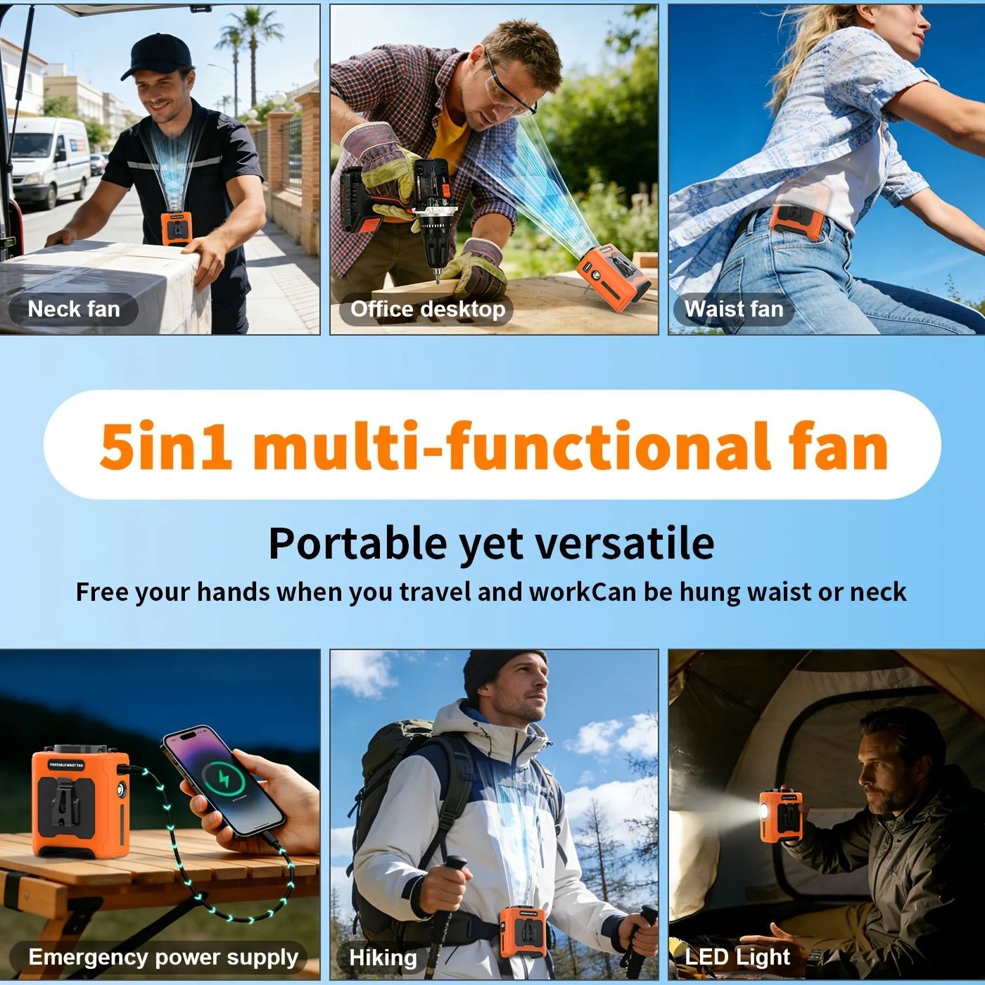 10000mAh Waist Fan Portable Handheld Hanging Neck Fan Ultra-Strong Wind with Phone Charging LED Light