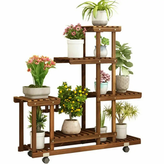 Multi-Layer Wood Plant Stand with Wheels