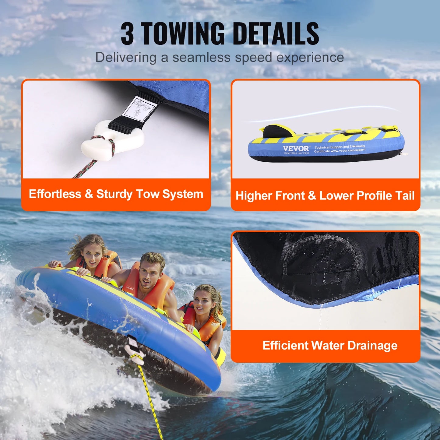 Towable Tube for Boating, 1-3 People Inflatable Towable Tube with Bumper Fins