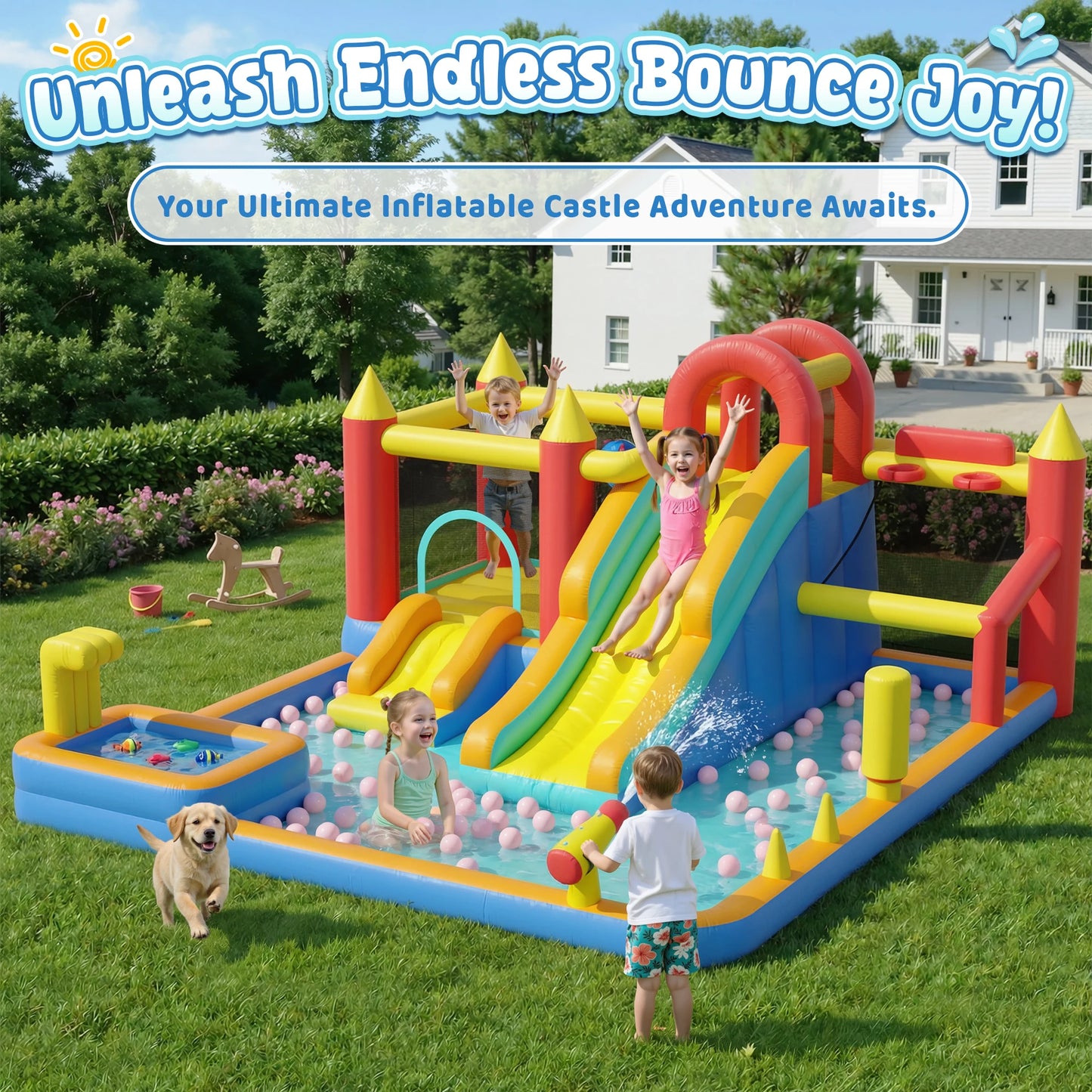 Jump 'n Slide Inflatable Bouncer for Kids with Heavy Duty Blower, Stakes Repair Patches Storage Bag