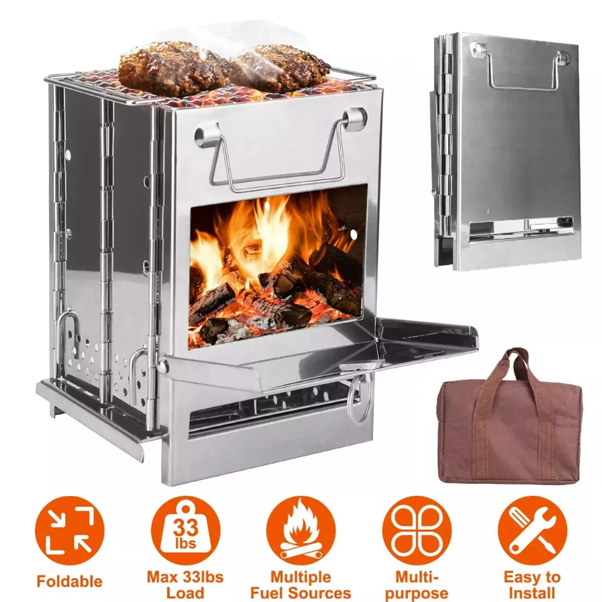 Stainless Steel Wood-burning Stove Lightweight Compact Portable Folding