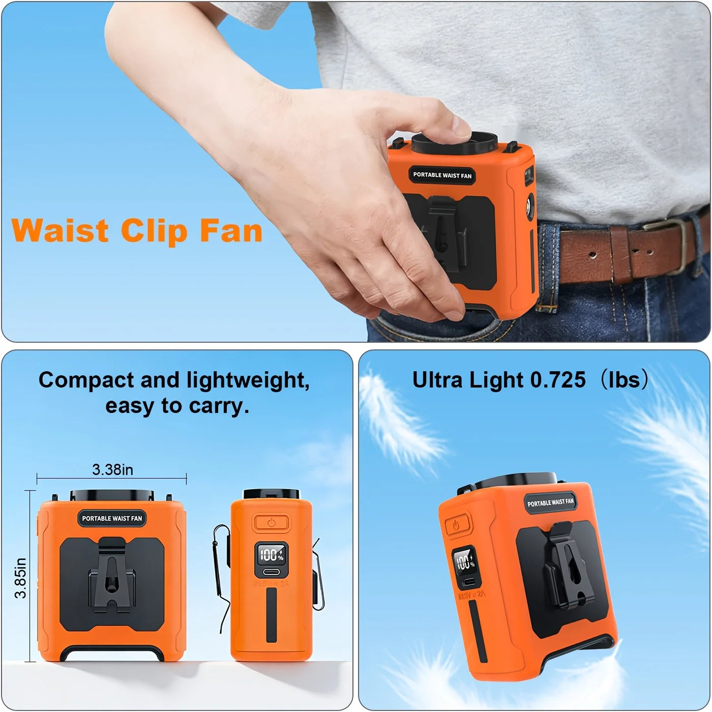 10000mAh Waist Fan Portable Handheld Hanging Neck Fan Ultra-Strong Wind with Phone Charging LED Light