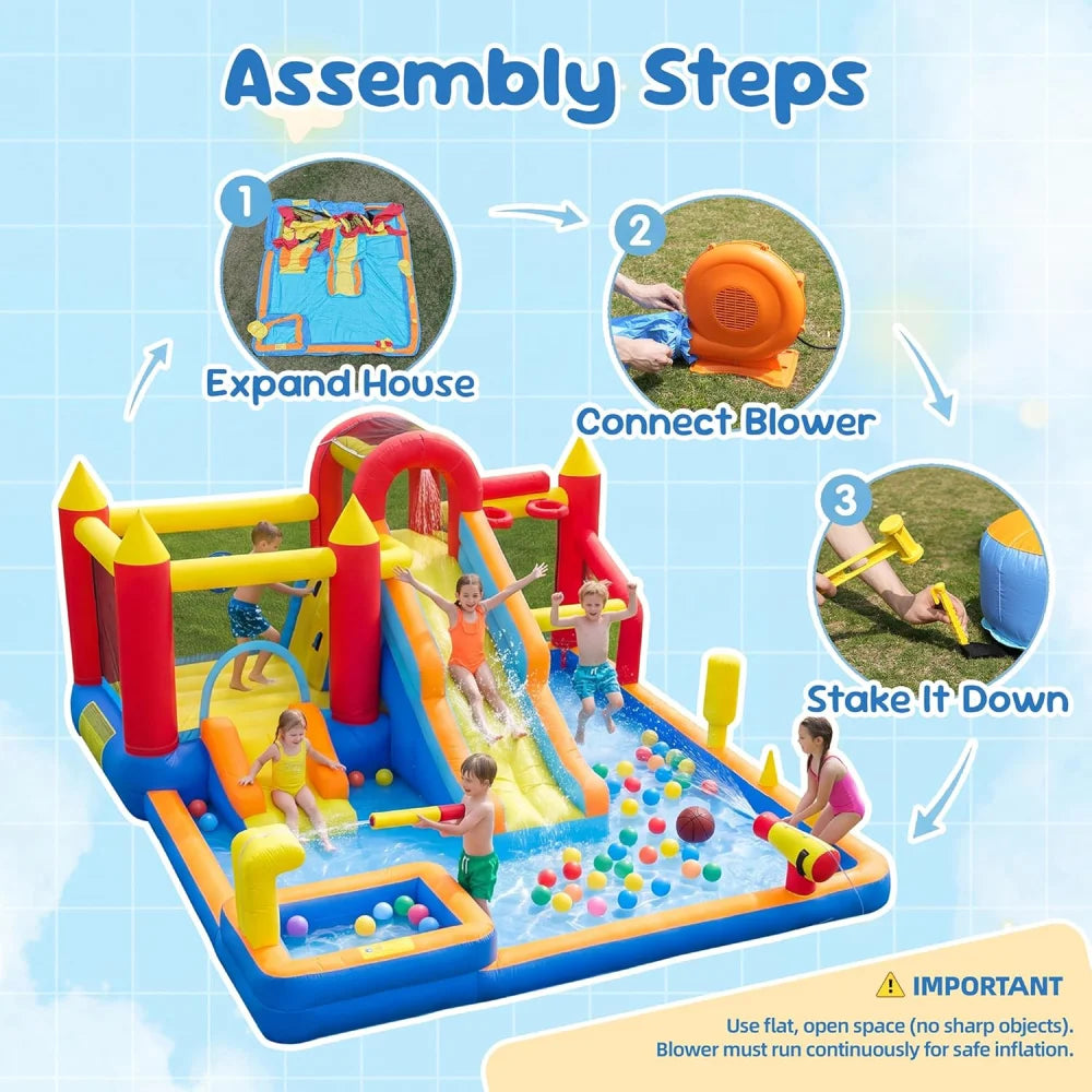 Jump 'n Slide Inflatable Bouncer for Kids with Heavy Duty Blower, Stakes Repair Patches Storage Bag