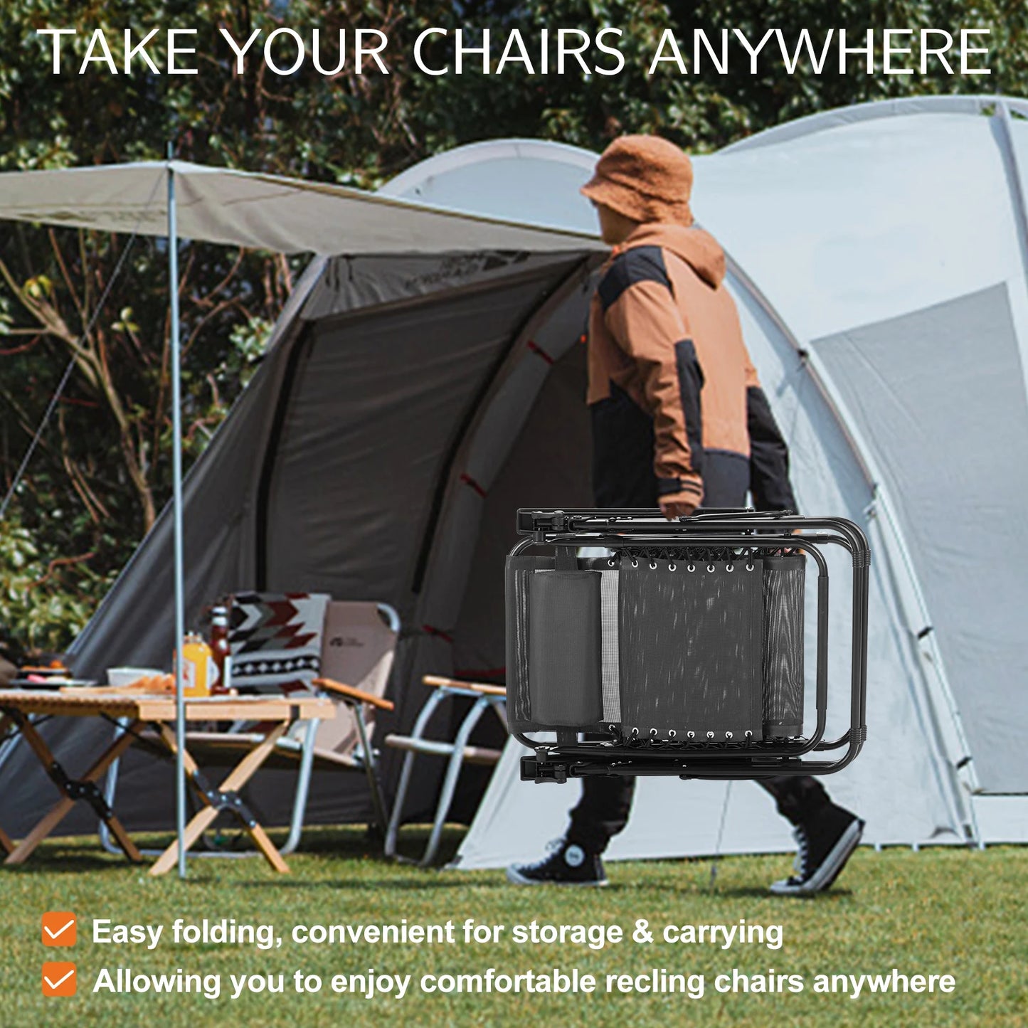 Zero Gravity Portable Recliner Camping Patio Outdoor Garden Lounge Chair with Cup Holder Trays