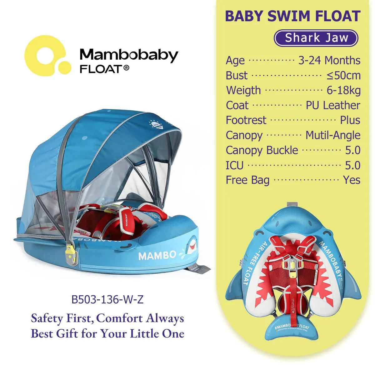 Mambobaby Baby Pool Float  For Infant Non-Inflatable Natation Buoy With Parasol