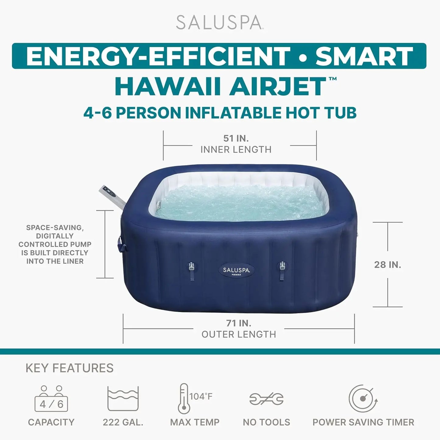 4-6 Person Square Inflatable Hot Tub, Energy Efficient Portable Outdoor Spa with 140 Air Jets, 71in, Custom