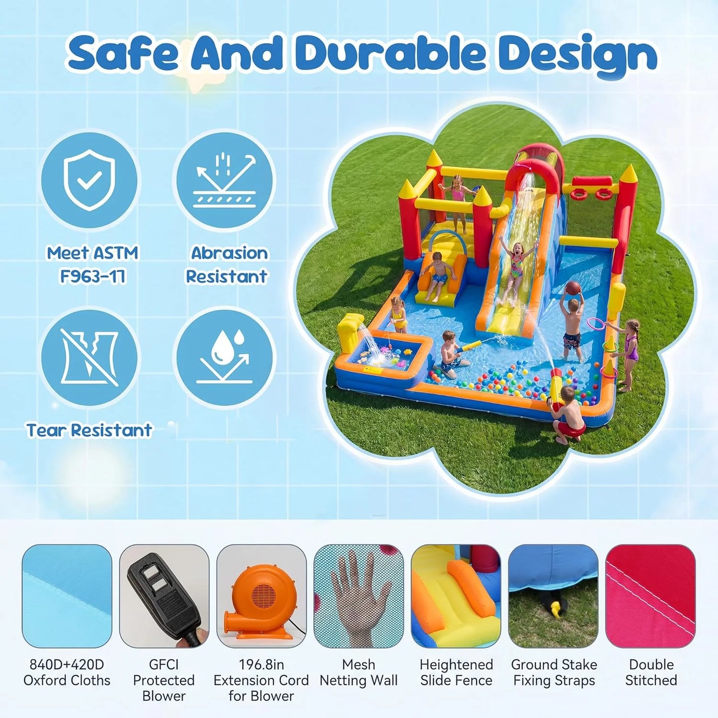 Jump 'n Slide Inflatable Bouncer for Kids with Heavy Duty Blower, Stakes Repair Patches Storage Bag