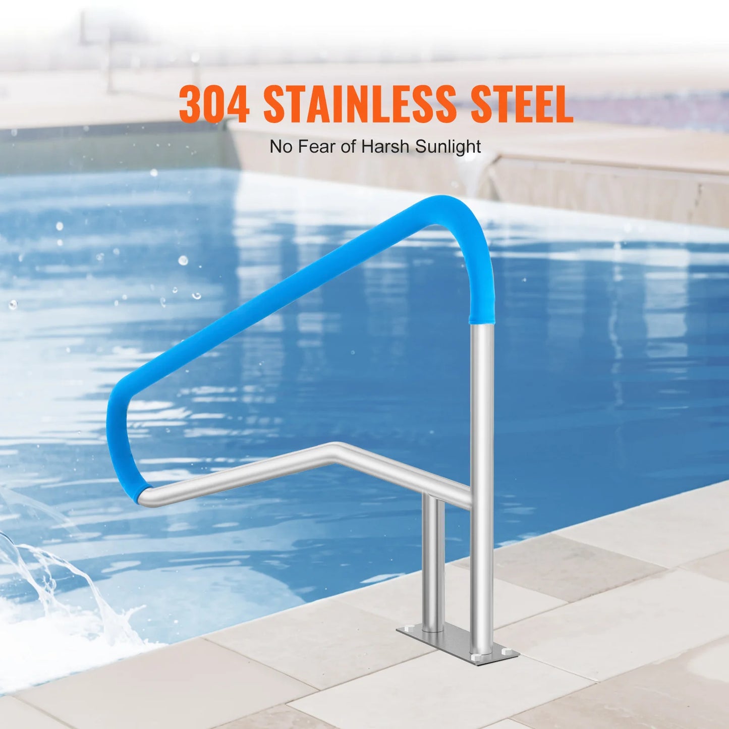 Pool Handrail Stainless Steel with Base Plate for Indoor/Outdoor w/ Grip Cover for Decks
