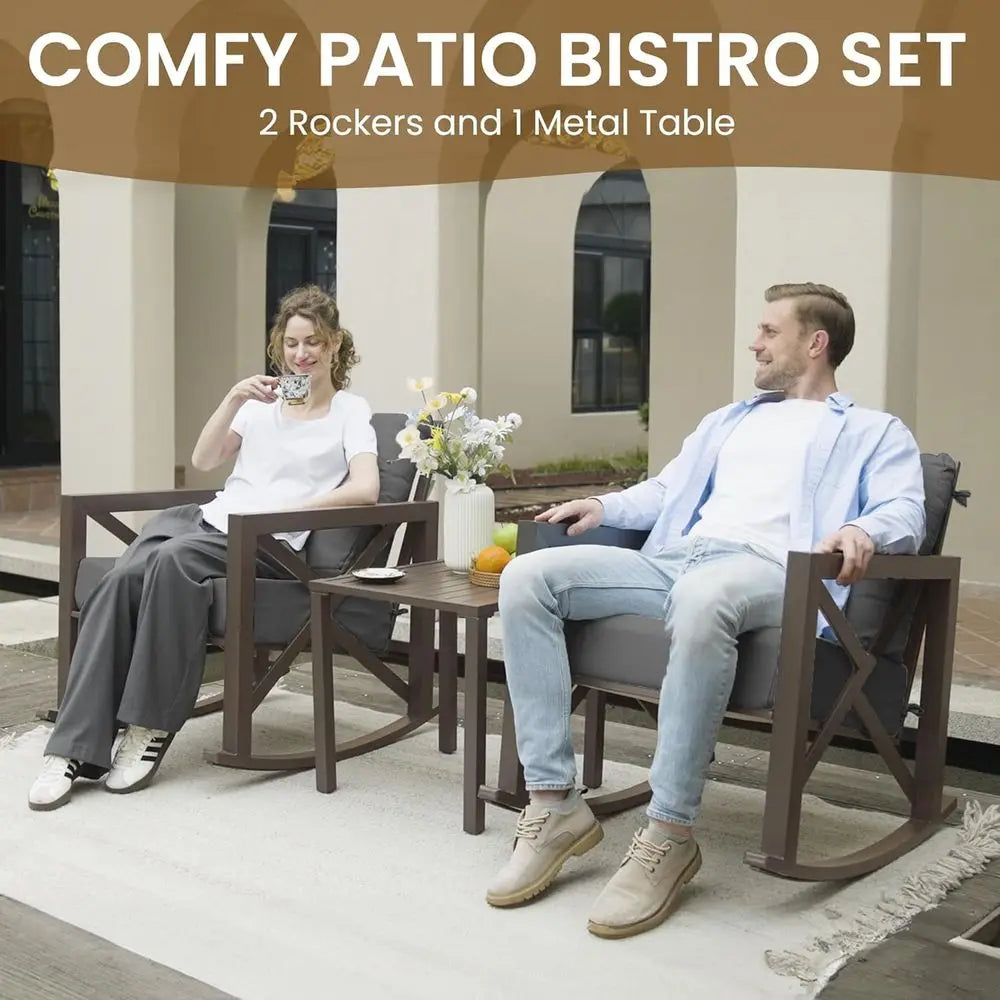 3 Piece Metal Patio Set with  Rocking Chairs Set