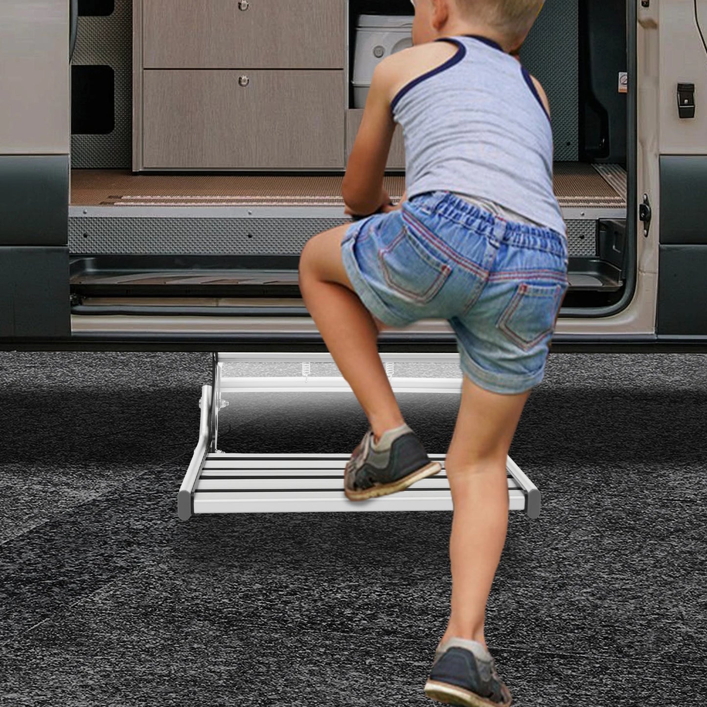 Folding RV Step Silver Aluminum Alloy 44cm RV Camper Step with 12V LED Light Manual RV Step 150kg Load Bearing Capacity