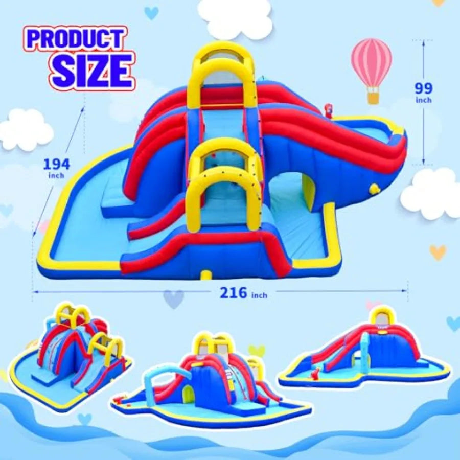 Inflatable Water Slide Bounce House with 650W Blower 2 Climbing Walls 2 Slides 2 Splash Pool Basketball Hoop Water Gun 216 x 19