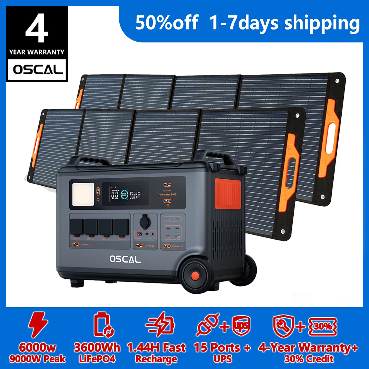OSCAL PowerMax 6000 Portable Power Station – 3600Wh LiFePO4, 6000W