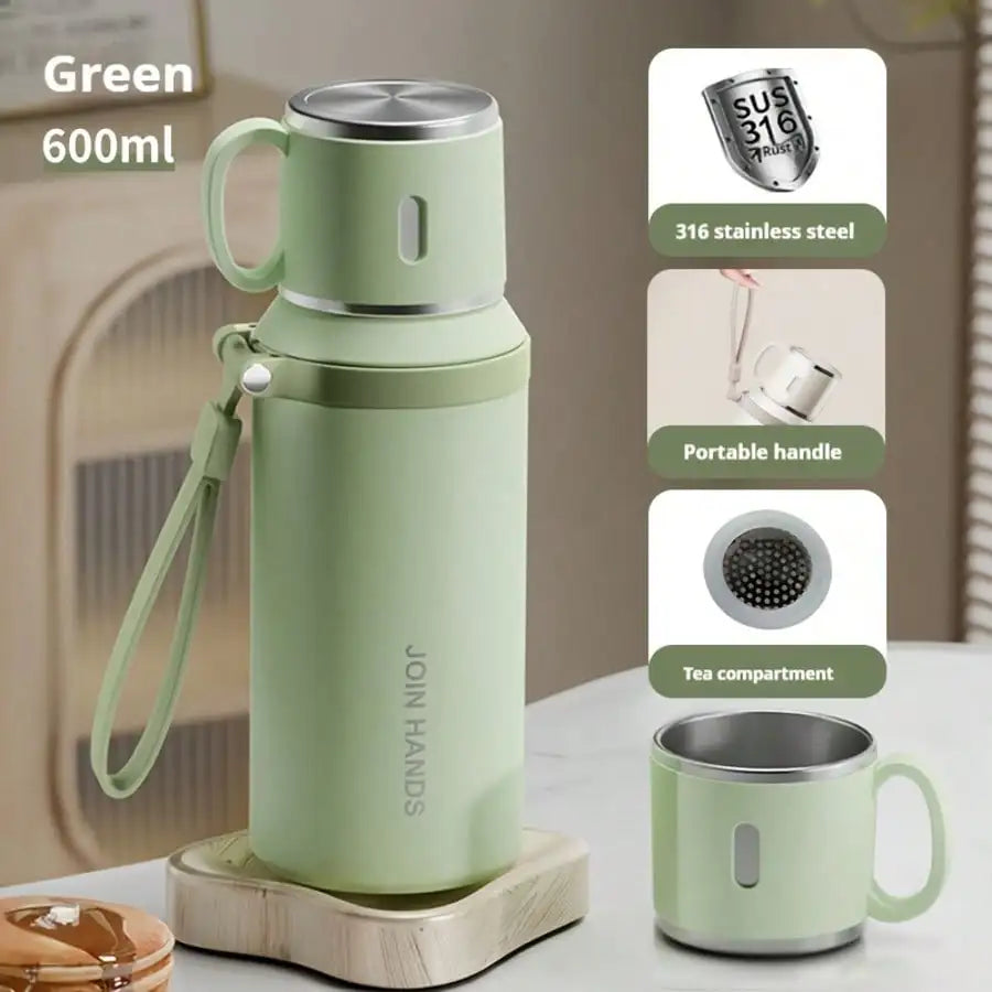 Stainless Steel Vacuum Insulated, Portable Thermal Water Bottle With Cup Lid & Carry Strap