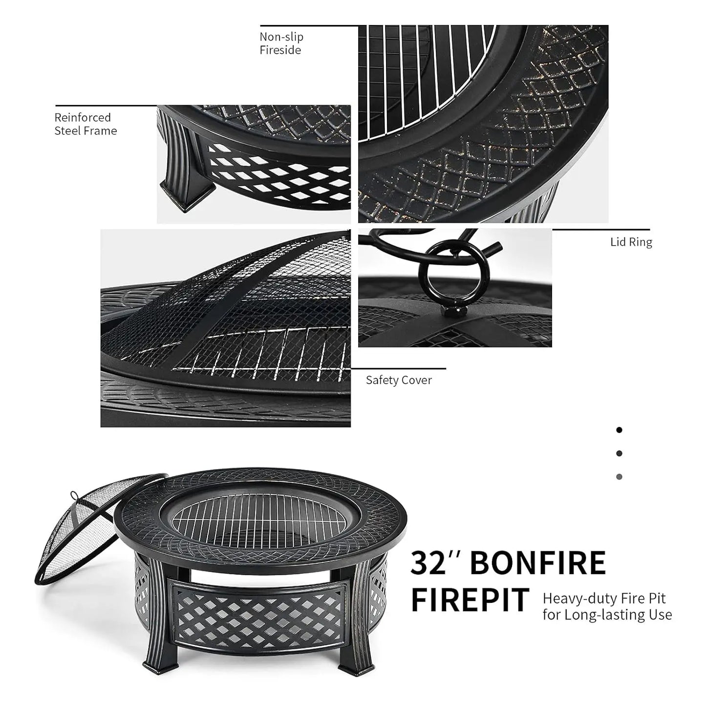 32" 3-in-1 Metal Fire Pit Outdoor Wood Burning Fire Bowl with Cover for Outside Heating Bonfire Picnic Grill, Custom