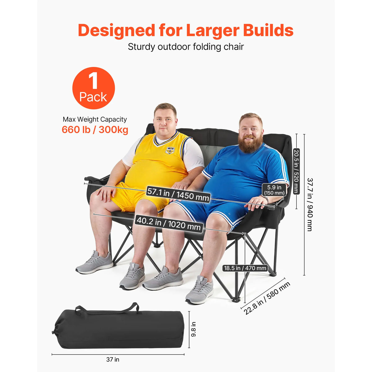 SucceBuy Double Camping Chair – 660 lb Padded Loveseat with Drink Holders