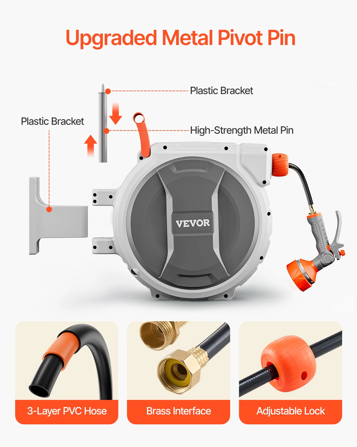 Retractable Garden Hose Reel Wall Mounted Heavy Duty with 9 Patterns Nozzle Swivel Bracket