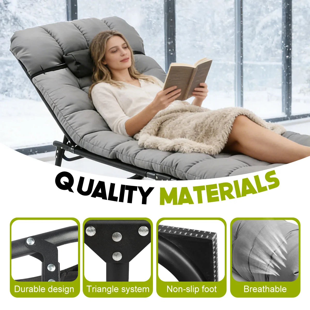 Adjustable Folding Lounge Chair with Removable Soft Cushion, 3 Position Reclining Heavy Duty 330 LBS Fold Up
