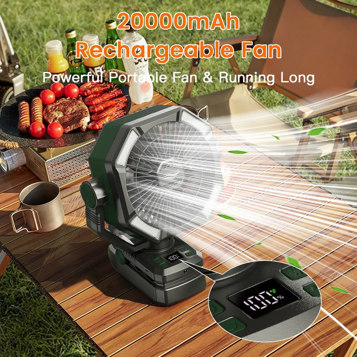 Camping Fan with Dual Motor 20000mAh Rechargeable Clip Fan with Digital Display with LED Lantern for Camping Outdoor Fan