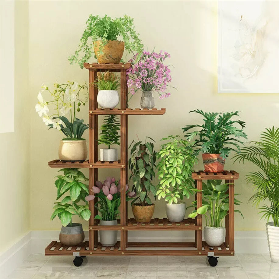 Multi-Layer Wood Plant Stand Rack with Wheels