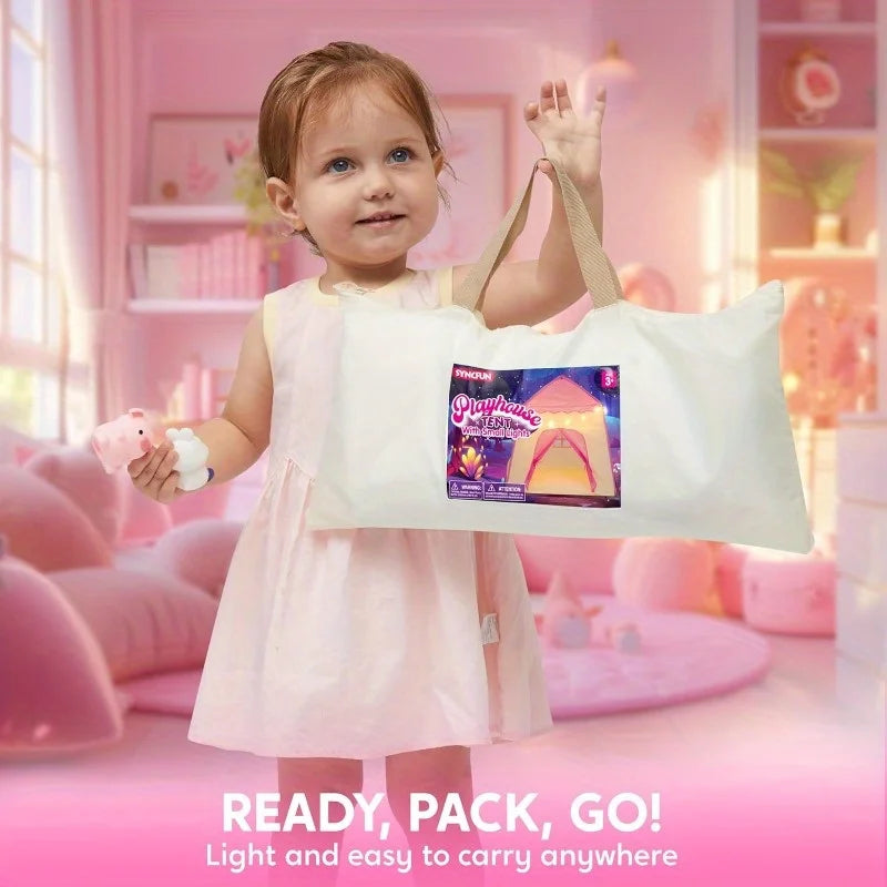 Pink Princess Castle Play Tent with LED Star Lights