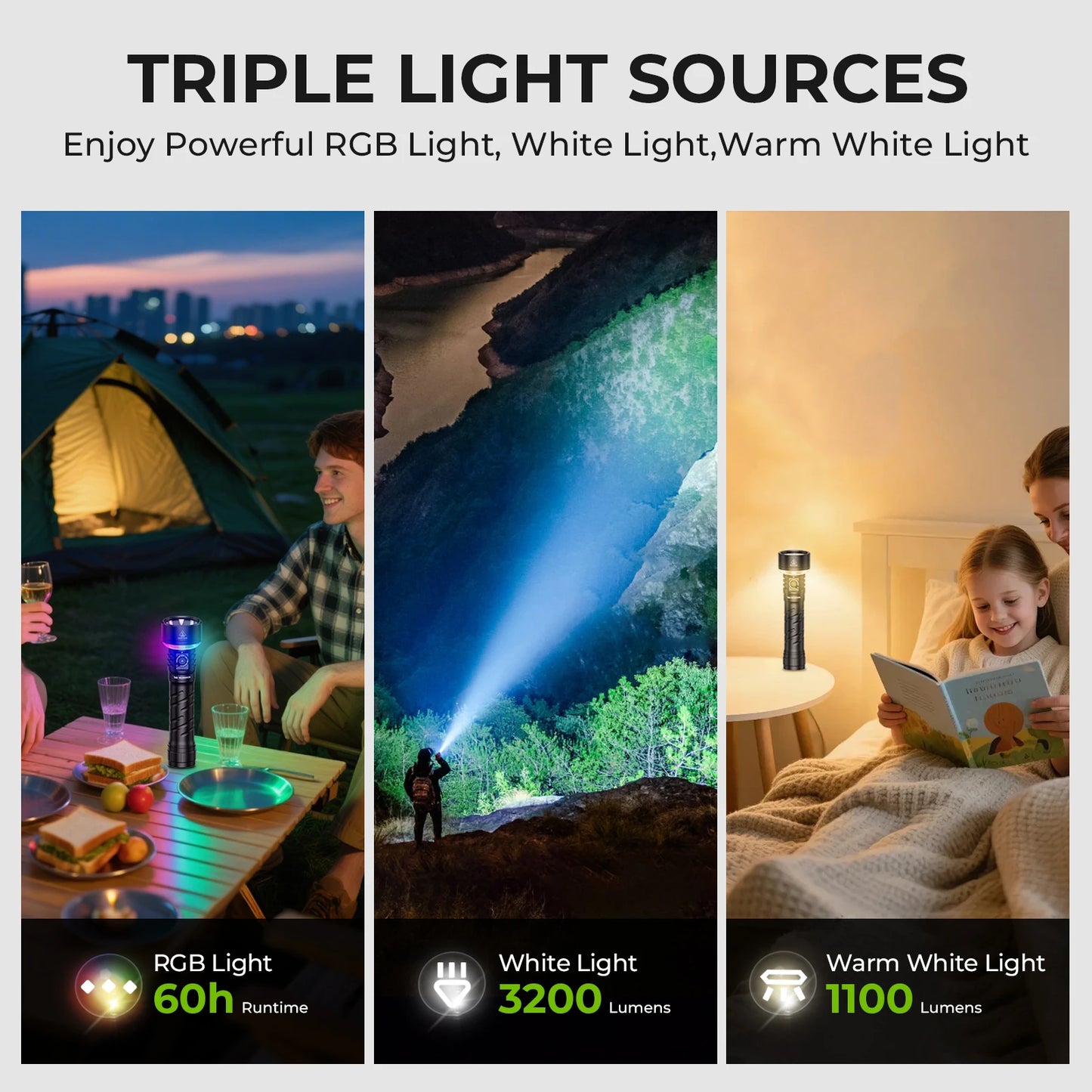 3200LM Super Bright Flashlight 845M Throw RGB Lighting Linterna Recargable Reverse Charging Power Bank For Camping