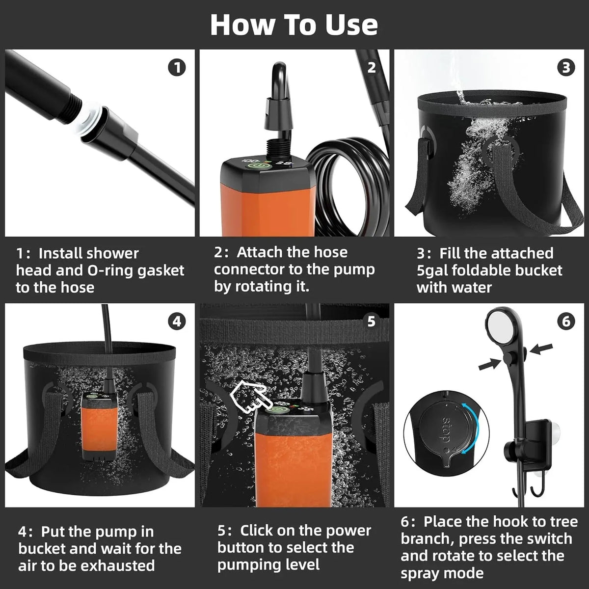 6000mAh Rechargeable Portable Camping Shower with 5-Gallon Bucket