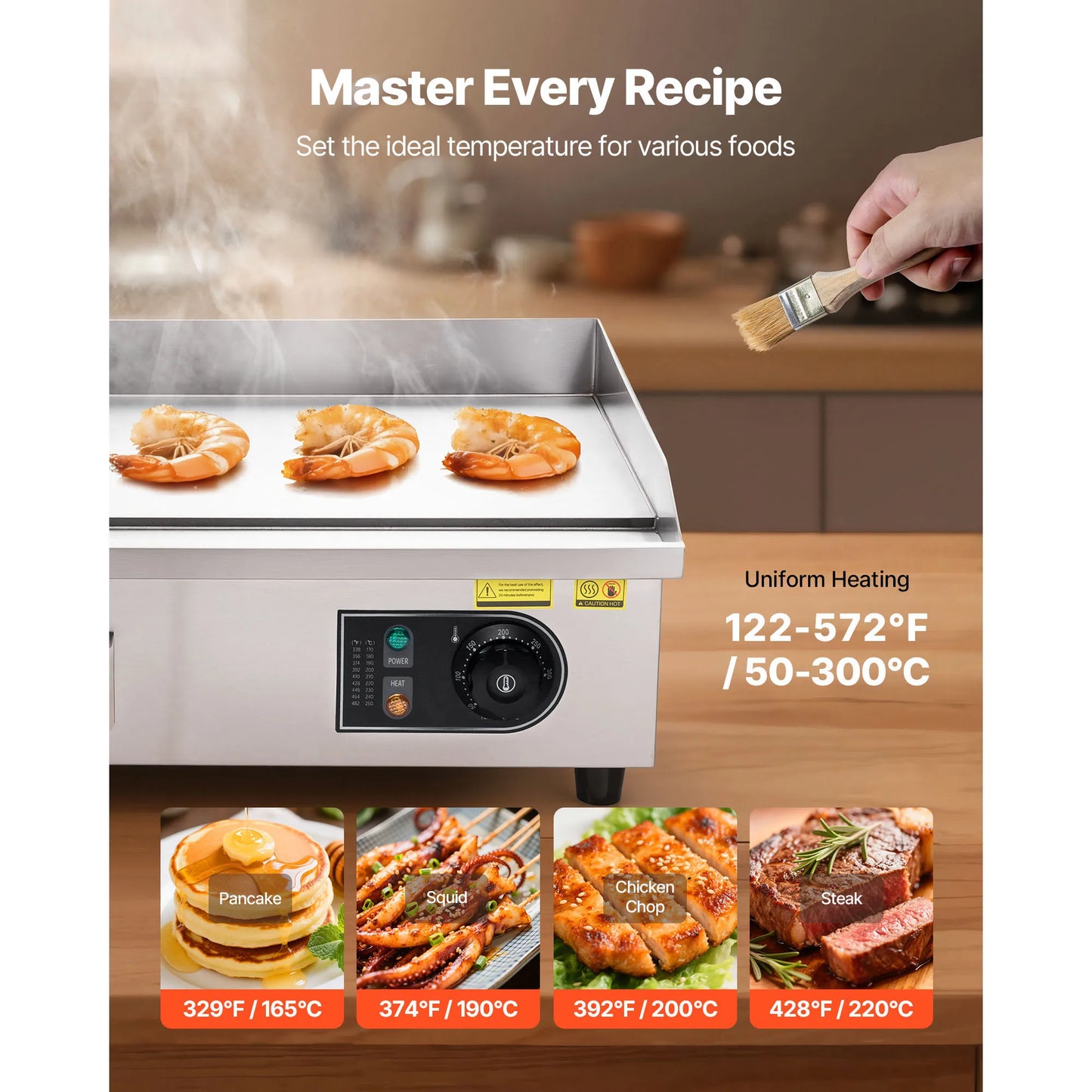 Stainless Steel Electric Griddle 50-300°C Adjustable Temp Control