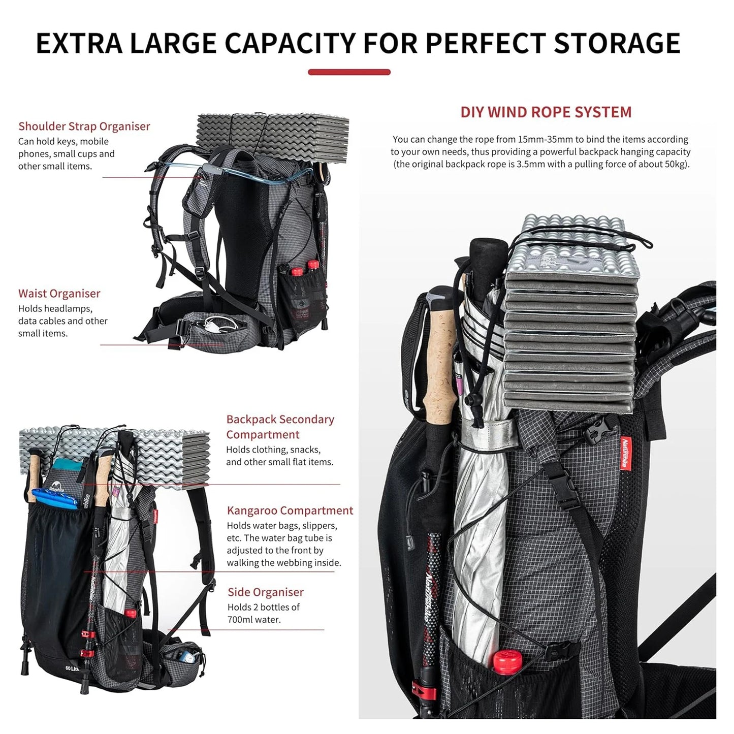 Naturehike Outdoor Mountain Backpack 60+5L Waterproof High Capacity