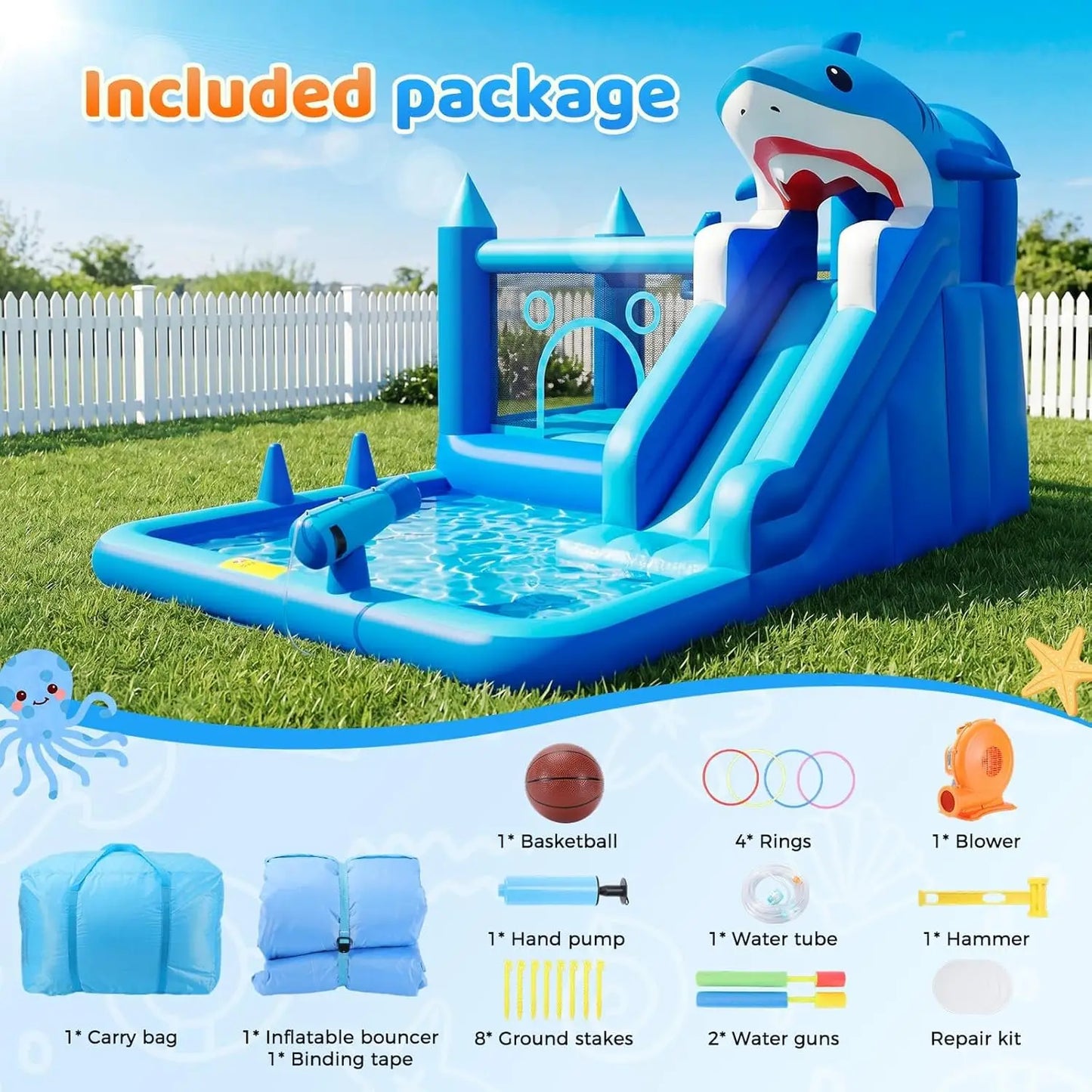 Inflatable Water Slide for Kids, 7-in-1 Bounce House with Splash Pool, Climbing Wall, Trampoline, Basketball Hoop & Water Cannons, Indoor Outdoor Bouncy Castle for Backyard Party, Blue