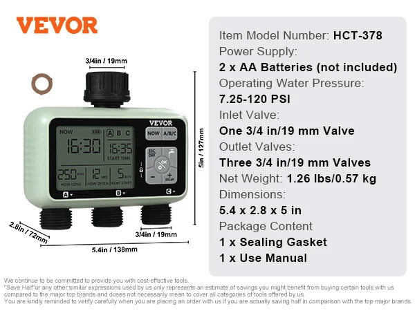 Water Timer 3 Outlets Hose 3 Independent Watering Zone LCD Display Rain Delay Mode Manual Mode