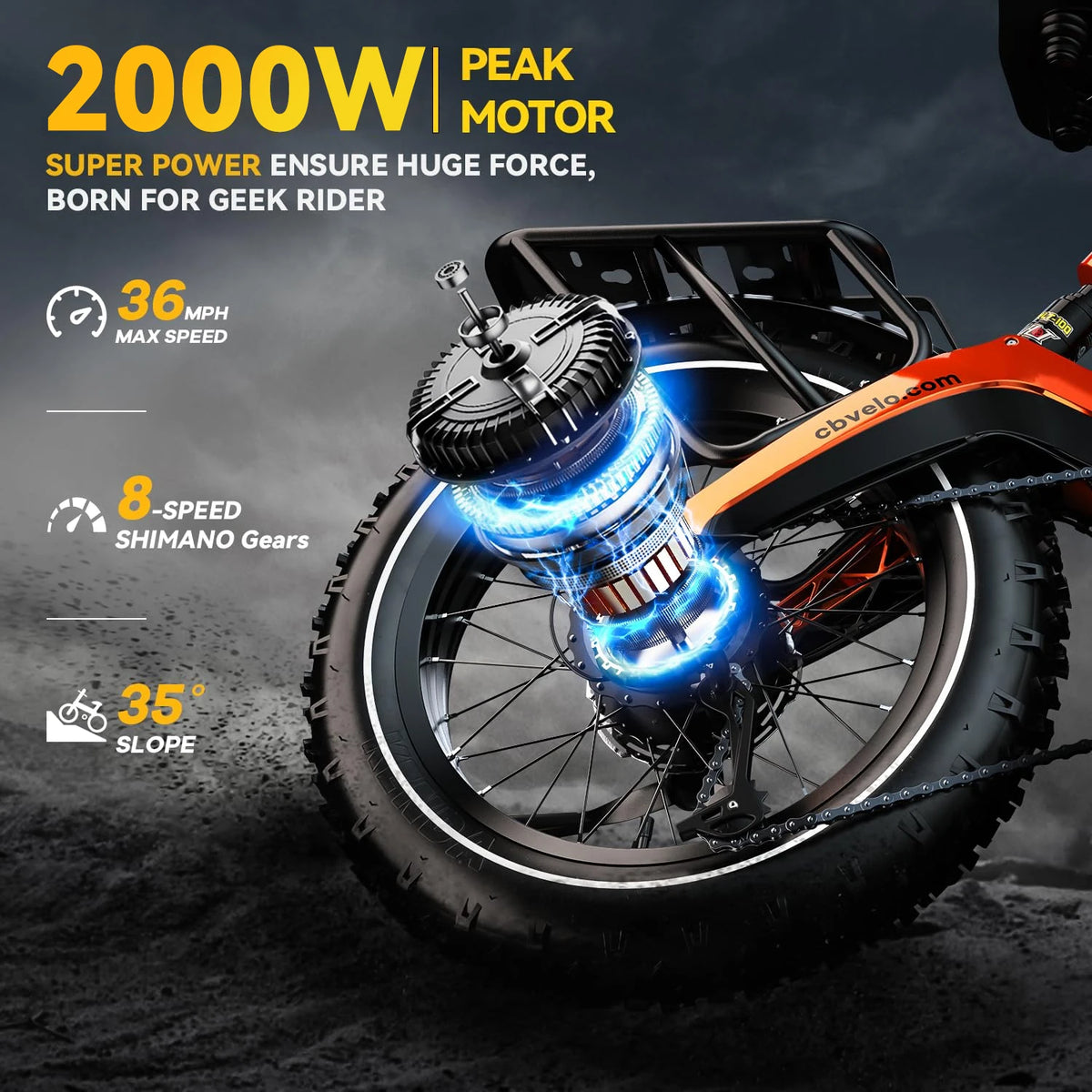 Cybervelo EK6 Folding Fat Tire Electric Bike – 2000W Peak Motor, 20" Wheels