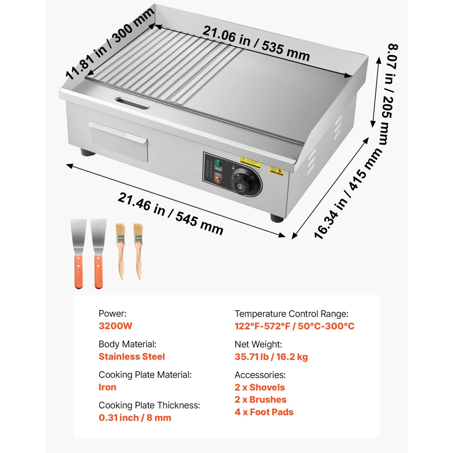 Stainless Steel Electric Griddle 50-300°C Adjustable Temp Control