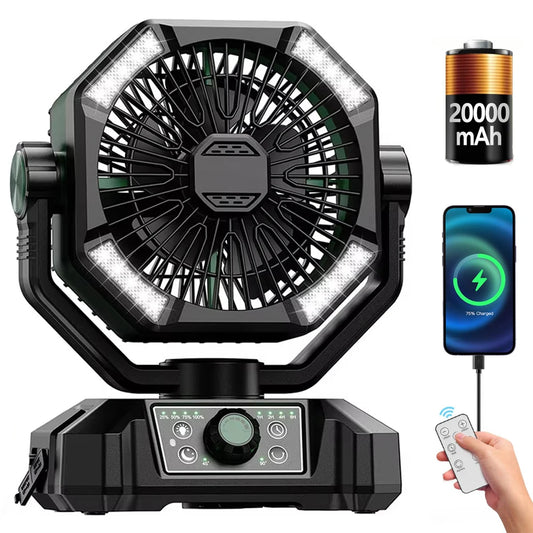 Camping Fan with Dual Motor 20000mAh Rechargeable Clip Fan with Digital Display with LED Lantern for Camping Outdoor Fan