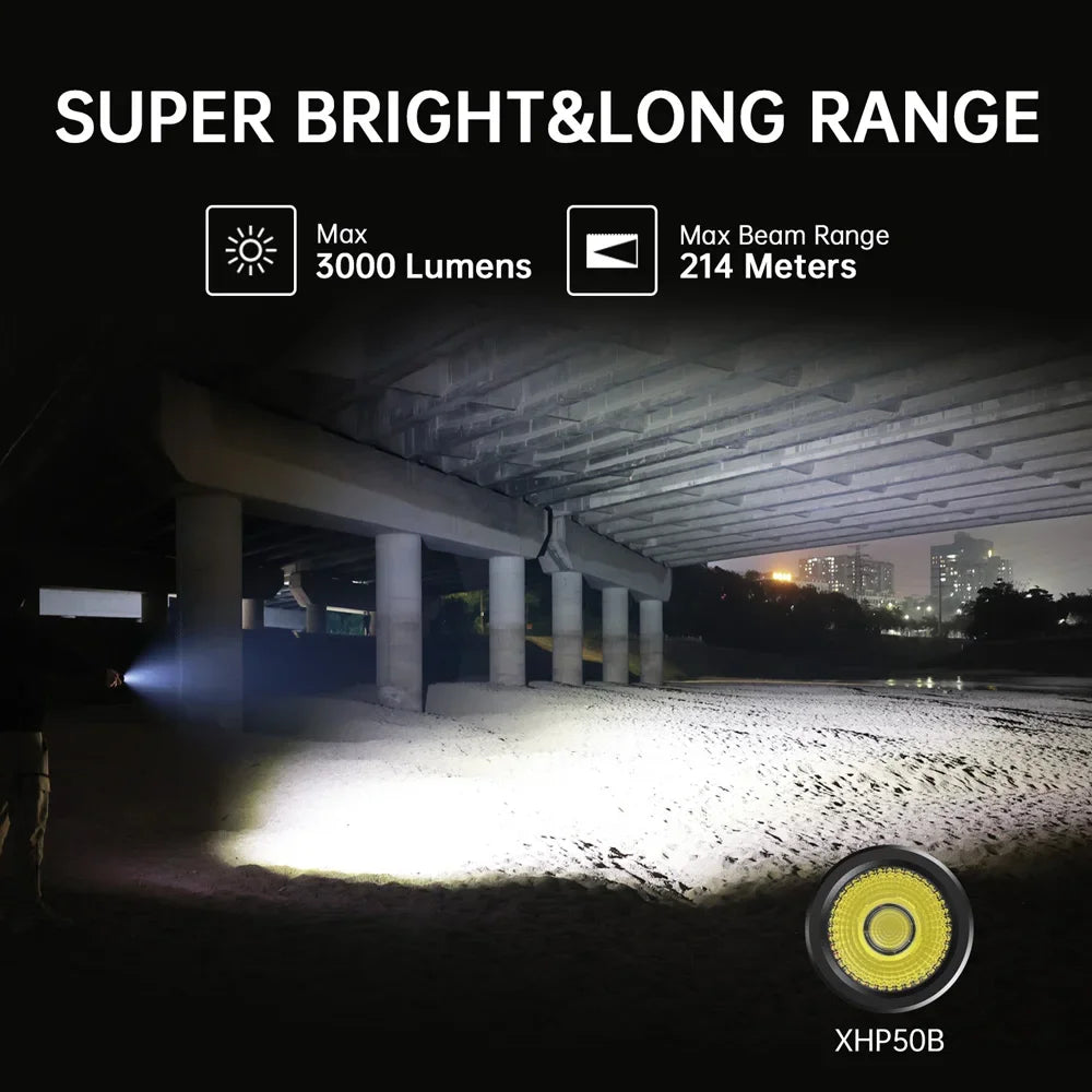 3000 Lumens EDC Flashlight Rechargeable  XHP50B LED Powerful  21700 Torch Light Lantern IPX8 for Camping Fishing